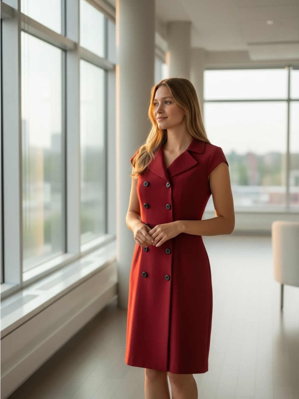 Double-Breasted Red Sheath Dress - Sophisticated Women's Workwear by Robbie Bee